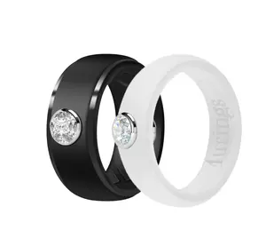 Silicone Wedding Rings Set for Couples His & Her Black Diamond Matching Bands 5.7mm Women's 9.7mm Men's Comfort Fit for Gym Travel Work