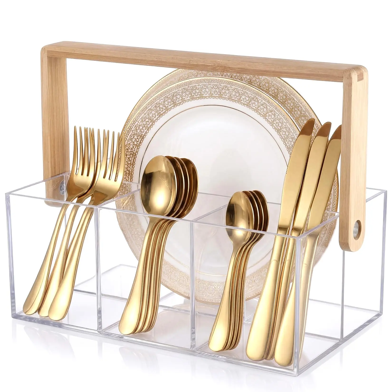 Clear Acrylic Utensil Caddy with Handle, 4-Compartment Silverware Holder for Forks, Spoons, Knives & Plates, Portable Kitchen Organizer Caddy for Countertop & Parties,home decor,camping essentials