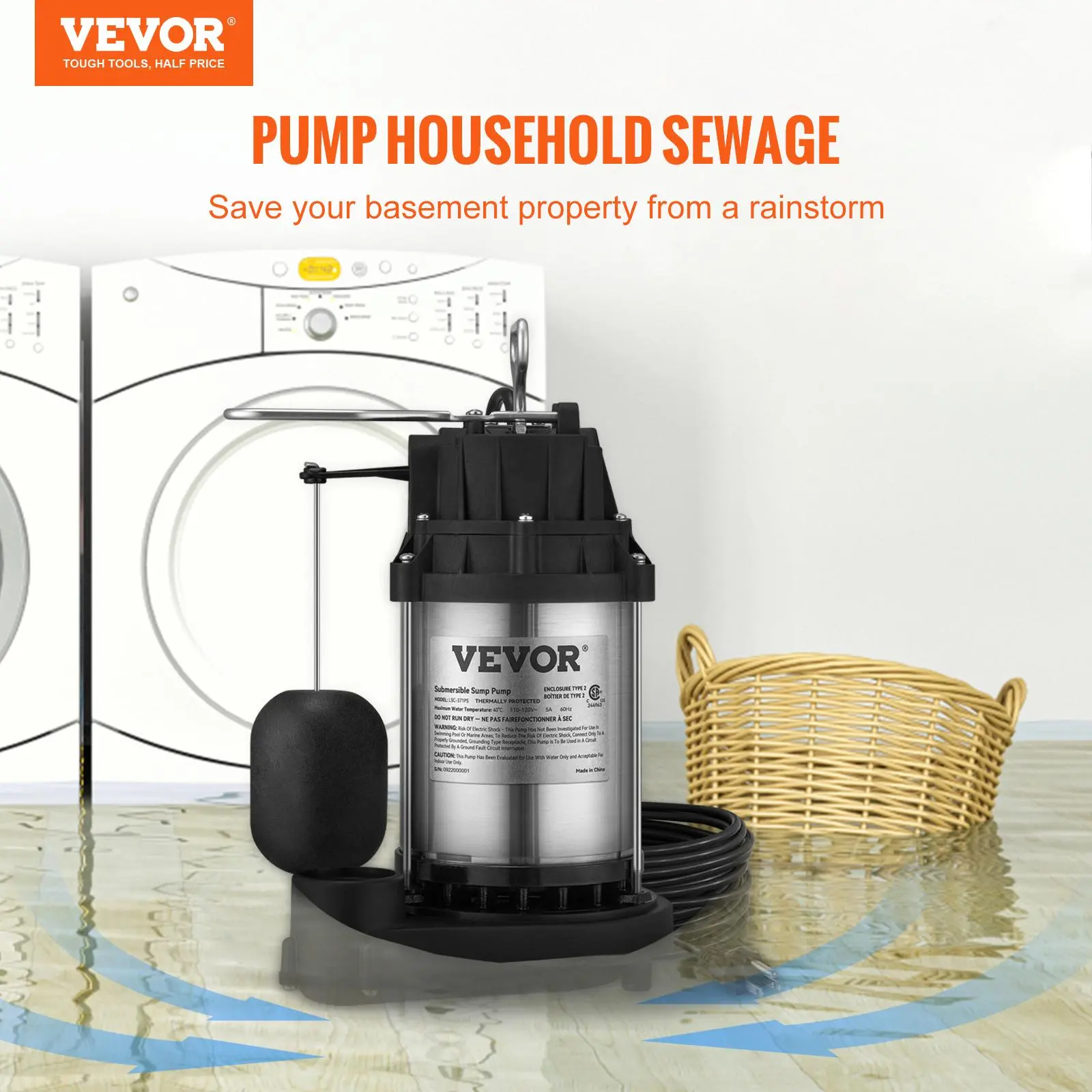 【summerfinds】VEVOR Submersible Sump Pump, 1/2 HP, 3960 GPH Water Flow, Stainless Steel Construction, 1-1/2" NPT Discharge, 33 ft Cord, Automatic Float Switch with Piggy-Back Plug, for Indoor Basement Water Basin Protection, Rainy Season, 28' To 4320 Gph,