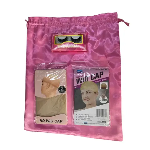 3-Piece Wig Accessory Gift Set - Cap Wig Tools & Accessories, Pink Satin Storage Bag, HD Hair Cap, Includes Eyelashes, Glamorous Tools