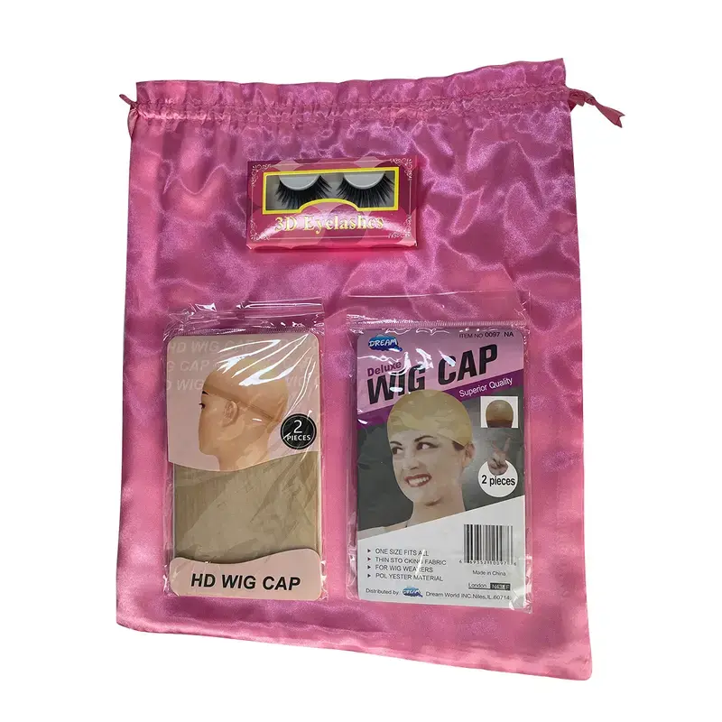 3-Piece Wig Accessory Gift Set - Cap Wig Tools & Accessories, Pink Satin Storage Bag, HD Hair Cap, Includes Eyelashes, Glamorous Tools