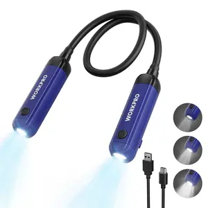 #Summervibes WORKPRO Rechargeable Neck Light for Hands-Free Lighting, 3 Brightness Levels 300 Lumens Neck Light, Bendable Silicone Arm, Great for Mechanics, Reading, Camping, DIY Projects, Crafting, Blue and Black