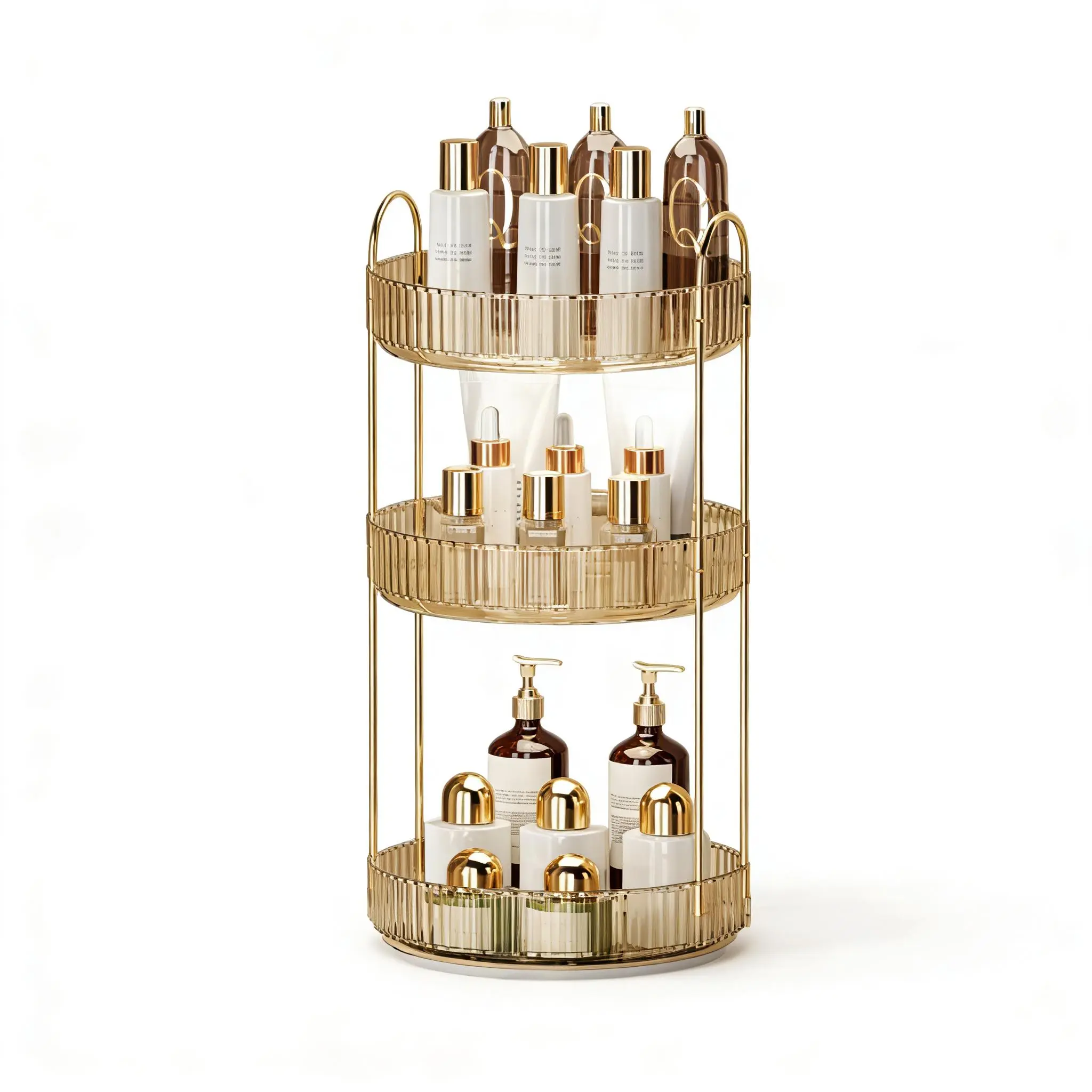 3-Tier Luxury Gold Metal Frame Round Cosmetic Holder - 360° Spinning Countertop Storage Container for Dresser, Bathroom Perfume Display