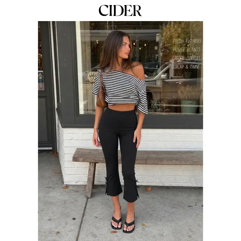 Cider Women's Basic High-Rise Bowknot Capri Pants, Lady's Stylish Casual Bottoms for Daily Wear