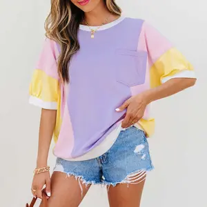 Women's Purple Color-Block Patchwork Half-Sleeve Oversized T-Shirt  Top for Everyday & Errands