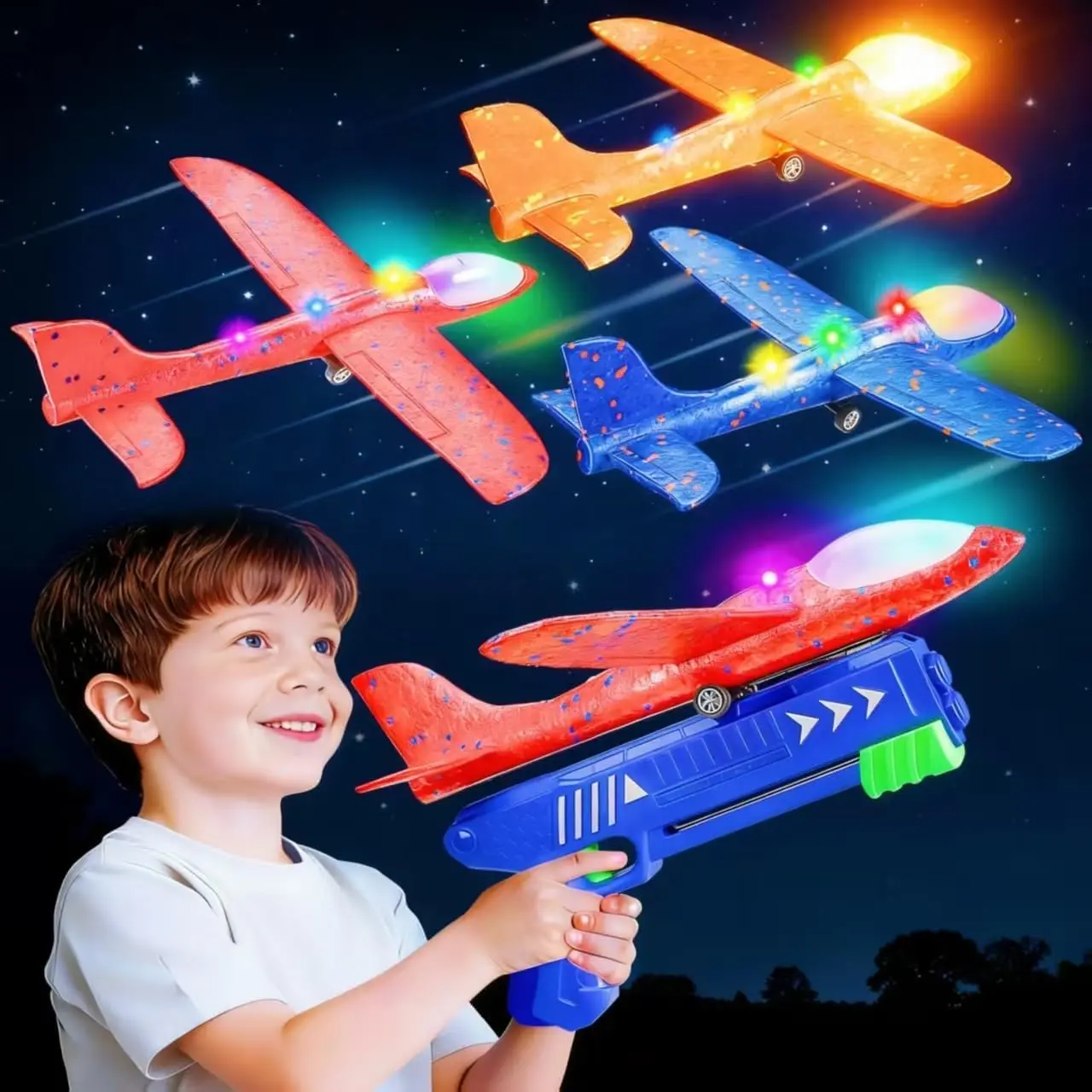 Unisex 3-Pack LED Foam Glider Airplane Launcher Toys - LED Lights, Parallel Flight, Battery-Powered, Kids' Outdoor Play, Birthday Gifts for 4-9 Year Old Boys, Games