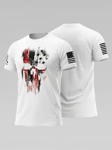 [Tactical Elite] USA Flag Punisher Skull T-Shirt | Men's Distressed Patriotic Graphic Tee | Front & Back Print Short Sleeve | Athletic Fit Streetwear | Independence Day Gift
