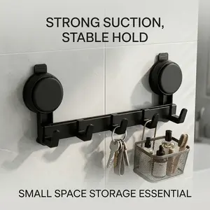5-Hook Strong Suction Cup Rack, Heavy-Duty Rustproof Aluminum Bathroom Organizing Accessories, Adjustable Storage Hooks, No-Drilling Shower Organizer for Bathroom Shower Door, Black
