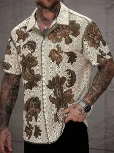 Men's Summer Holiday Tropical Floral Hollow Out Knitted Button Front Short Sleeve Shirt, Aloha Button Shirt, Casual Button Shirts, Casual Loose, Casual Fashion, Comfortable and Stylish