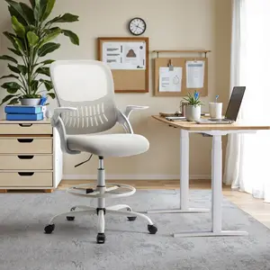 Ergonomic Gray Tall Drafting Chair - Height Adjustable Rolling Swivel Computer Stool with Lumbar Support, Footrest & Flip-Up Arms, Perfect High Office Desk Chair for Counter or Studio