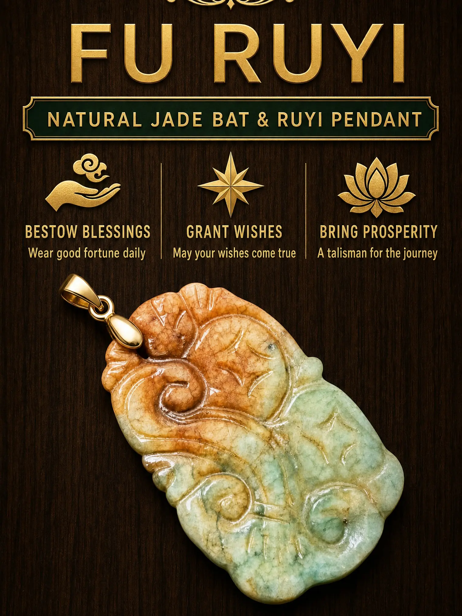 Adults' Hand-Carved Natural Old Jade Bat & Ruyi Central Pendant - 18kt Gold-Plated Bail, Retro Elegant Antique Look, Earth Brown & Green Blend, Auspicious Harmony & Success Amulet Necklace, Jewelry Accessory