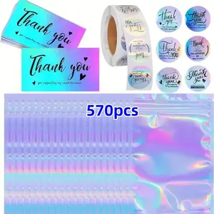 Thank You Sticker & Bag Set, 570pcs/set Including 50pcs Thank You Card, 500pcs Sticker & 20pcs Clear Bag, Gift Wrapping Supplies for Online Retailers, Decorative Stickers, Versatile Card Accessory