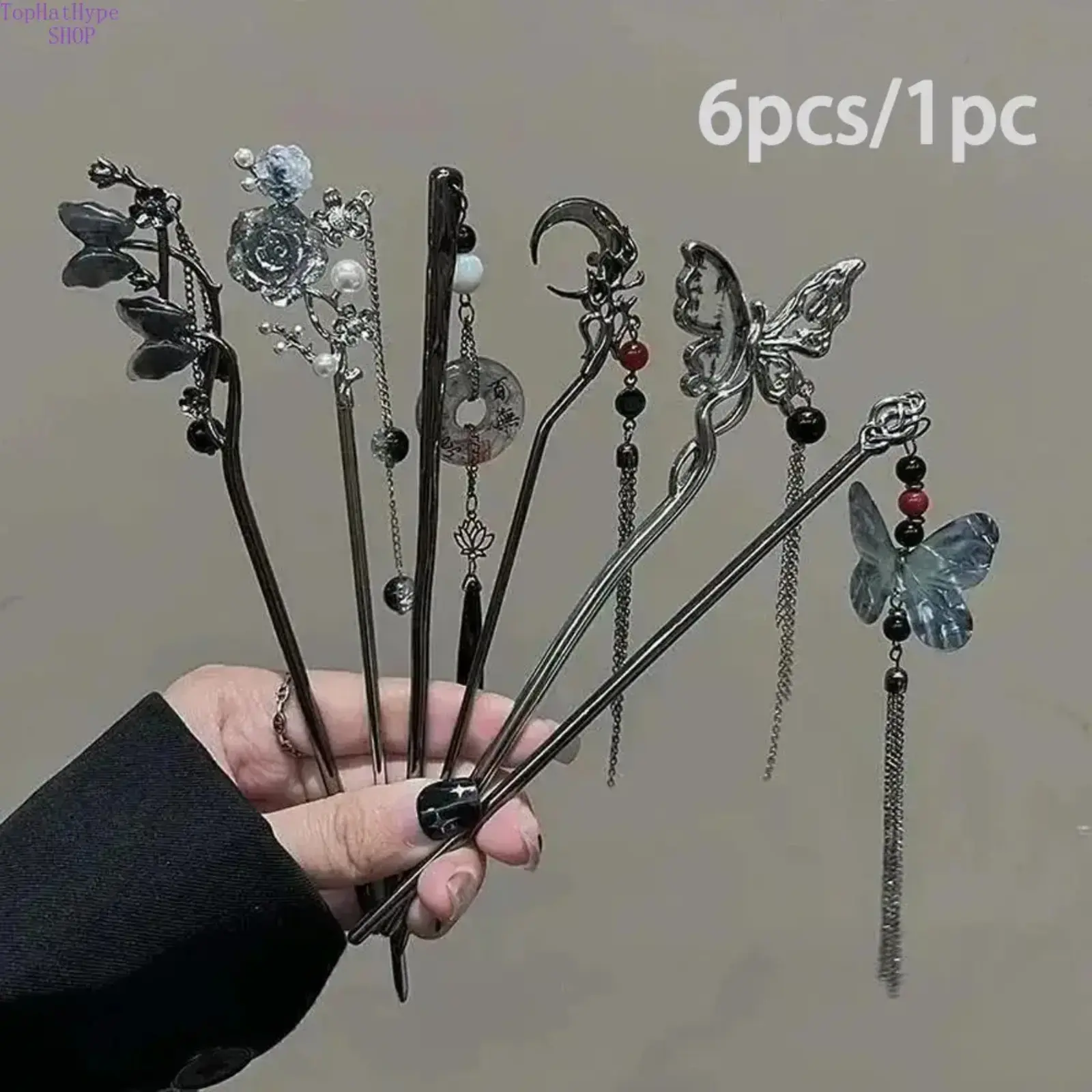 Vintage Metal Hair Sticks, 6-Piece Set with Whimsical Floral & Butterfly Designs, Elegant Tassel Accessories for Women for Hanfu Wear & Daily Use