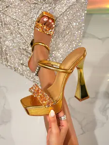 Women's Snake Pattern Patent Leather Peep Toe Mule Heels, Unique Rhinestone Decorated with Wedge Platform for Parties & Dates, Elegant Wedged Sandals