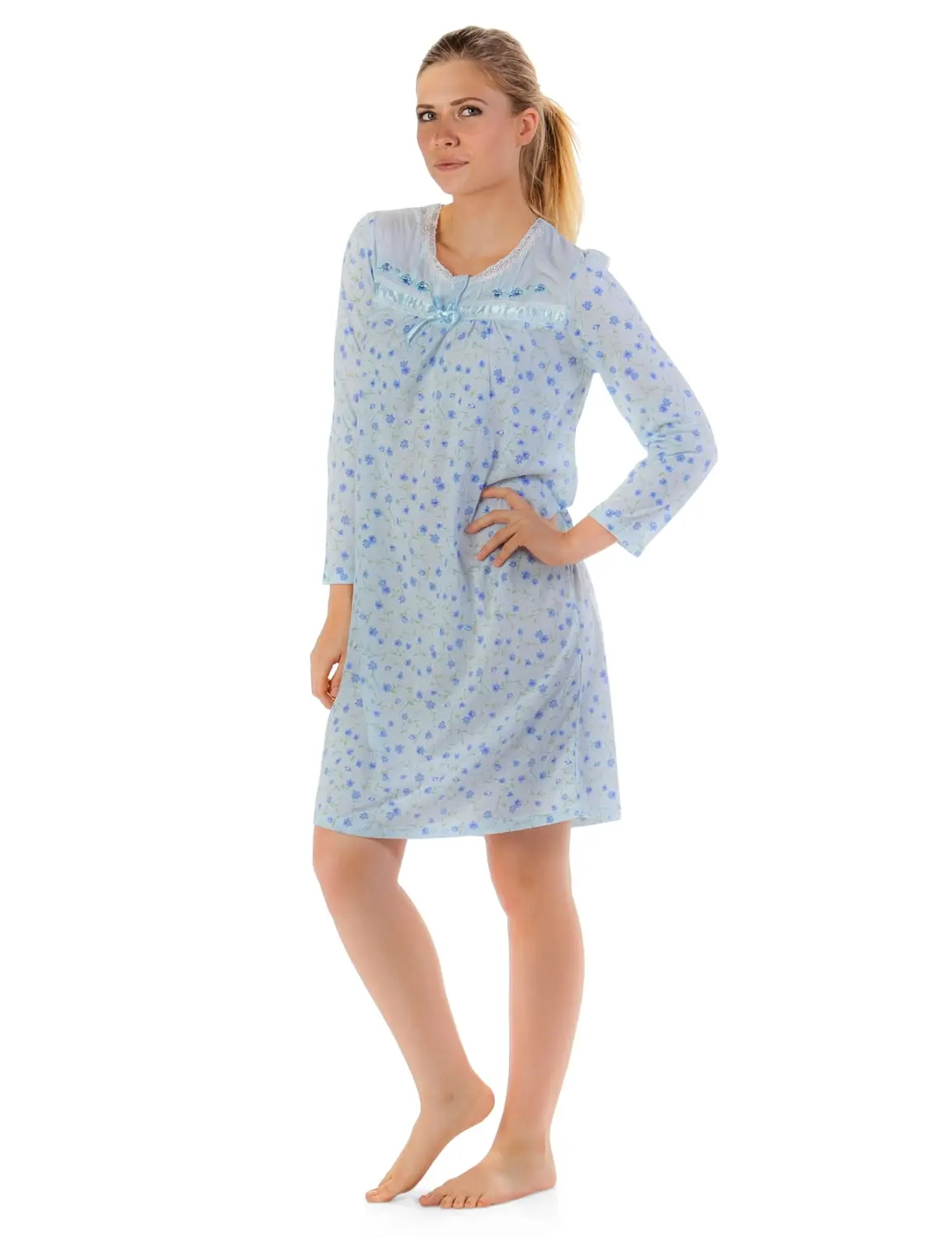 Casual Nights Women's Plus Size Fit Cotton Nightwear - Lightweight Satin Crew Neck Long-Sleeve Pullover Nightie with Lace, Ruffled Floral Embroidered Button-Closure Robe Gown for Hospital & Relaxed Evenings, 3X, 4X, Cotton Blend, All Year