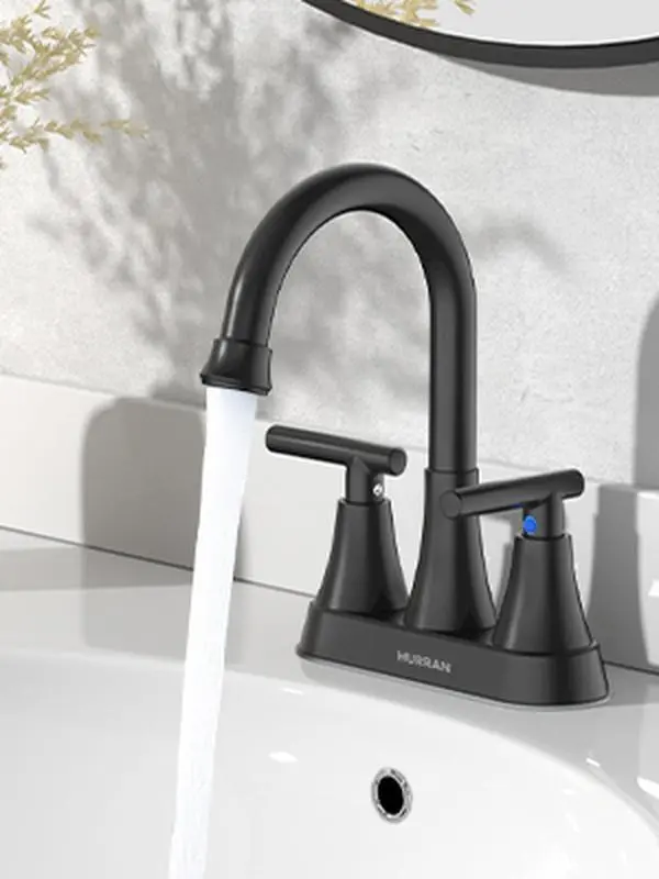 Hurran Modern 4-Inch Centerset Matte Black Bathroom Faucet, 2-Handle Lead-Free Fingerprint-Resistant Tap, 20% Water-Saving Countertop Sink Tap with Installation Kit & Pop-Up Drain (For Powder Rooms, Rinsing, Laundry Rooms), Stainless Steel, Indoor