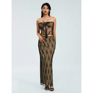 Women's 2 Piece Skirt Sets Sleeveless Strapless Drawstring Lace Cutout Bandeau Tube Tops and Bodycon Maxi Skirt Set Womenswear Beach 2 piece sets women Clothes Birthday eve cierra coachella outfit rodeo outfits women Casual Check