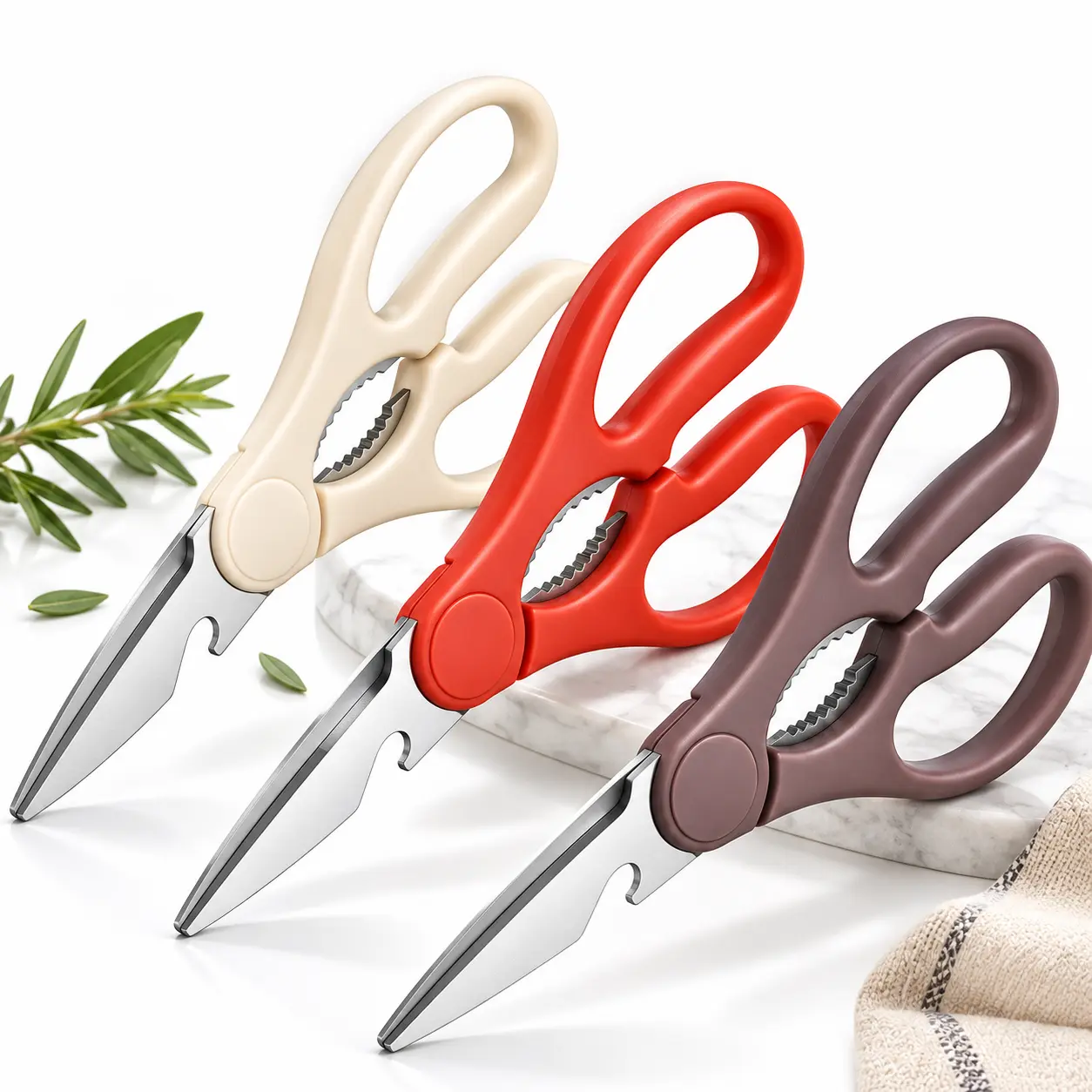 ELITEQUO 3 Pack Warm Tone Kitchen Shears Set, Ember Red Cream Mocha Multi Purpose Kitchen Scissors with Nut Cracker Bottle Opener and Micro Serrated Blades