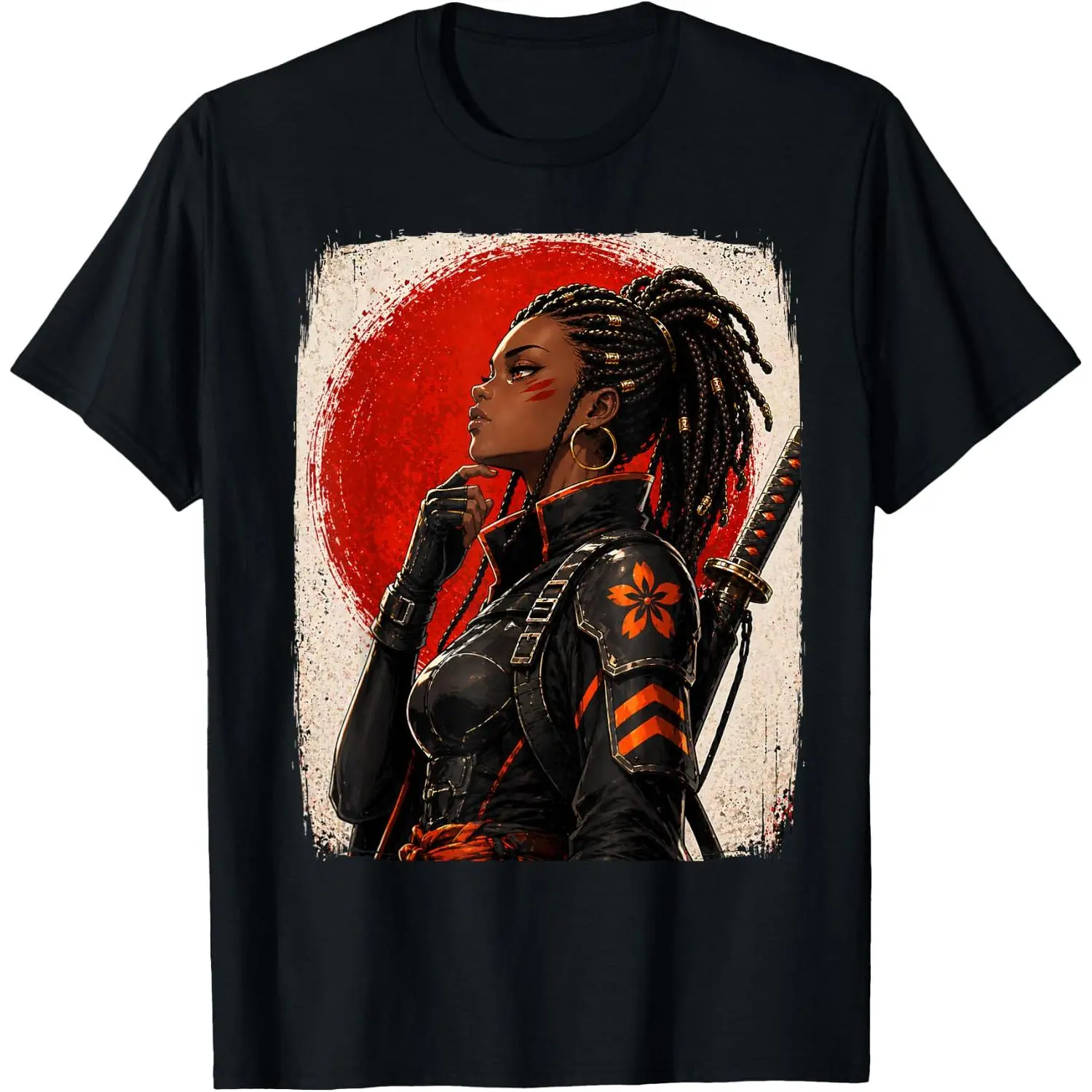 Women's Casual Graphic T-Shirt, 100% Cotton Short Sleeve Top with Black Samurai Anime Warrior Print for Everyday Wear
