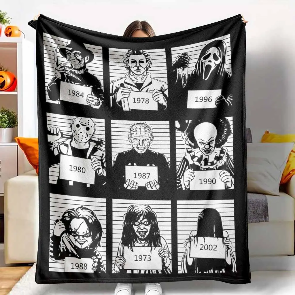 Retro Black And White Movie Villain Lineup Flannel Blanket Masked Figure Mugshot Print Soft Warm Lightweight Throw For Sofa Bedroom Halloween Party Dorm Gift