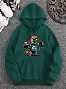 Men's Graphic Hoodies - Long Sleeve Casual Pullover Menswear Top, Hooded Sweatshirt with Edgy Dino Gym Design: Focused Dinosaur in Gym Vest Lifting Barbells for Streetwear Appeal