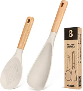 BADIANO Cooking Spoon and Rice Scooper for Nonstick Cookwares, Great for Cooking and Serving Durable BPA-Free Matte Silicone, Wood Handle Spoon for Mixing, Scoop, and Scrape