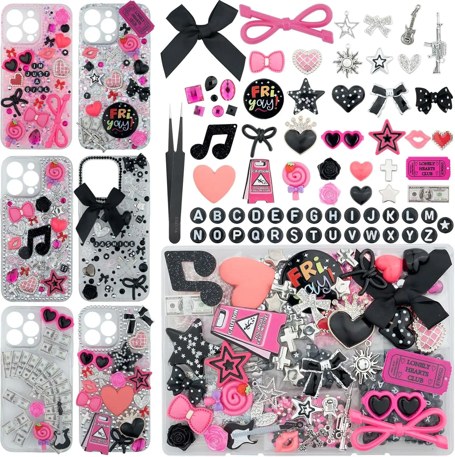 1050 count Junk Phone Case Charms Kit, Charms for Customizing Cases, Kawaii Bow, Letter Beads,  Accessories, Flatback , Rhinestones, Cute Aesthetic Decor for Personalization