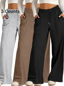 Women's High Waist Drawstring Wide Leg Pants, Casual Adjustable Elastic Waist Long Trousers with Pockets, All Seasons Wearable Home Clothes Fit