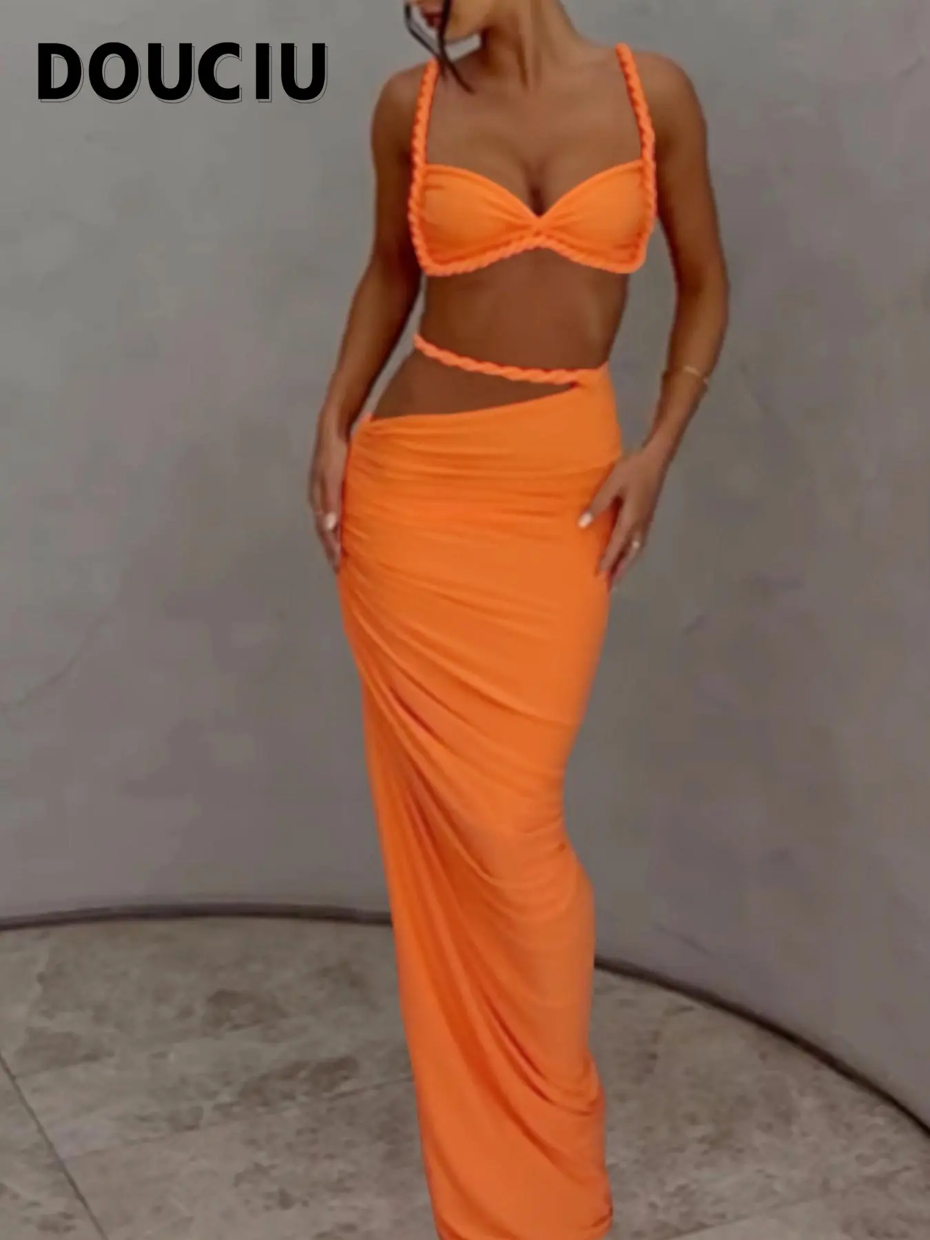 DOUCIU Multicolor Summer Beach Vacation Cool Light Sexy Hot Thin Women's  Twisted Spaghetti Strap Vest Top Skirt Two-Piece Set