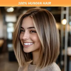 New Fashion Women'S Natural Look Bob Wig - Honey Blonde Highlights (4/27 Light Brown to Blonde), 150% Density Brazilian Remy Human Hair, Pre-Plucked Frontal, 13x4 Lace Front for Everyday & Special Events - Music Festivals, Carnivals, Photoshoots - Natural