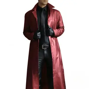 Men's slim leather jacket solid color long coat trench coat fashion coat cotton-padded men's fashion
