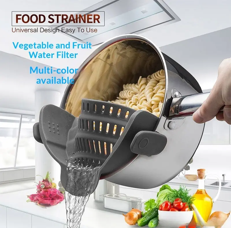 Silicone Pasta Strainer Clip-On for Pots and Pans - Heat Resistant Colander for Vegetables and Noodles - Kitchen Gadgets for Cooking - Space-Saving Design
