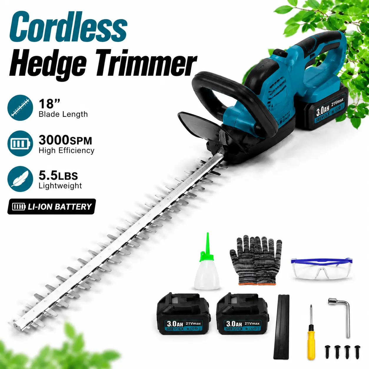 SEEVOLX Cordless Hedge Trimmer, 21V Max, 180° Rotating Handle, Lightweight Handheld Hedge Cutter with Dual Action Blade for Garden Bush Shaping, Lawn Maintenance (Fast Cutting, Low Vibration Garden Tool)