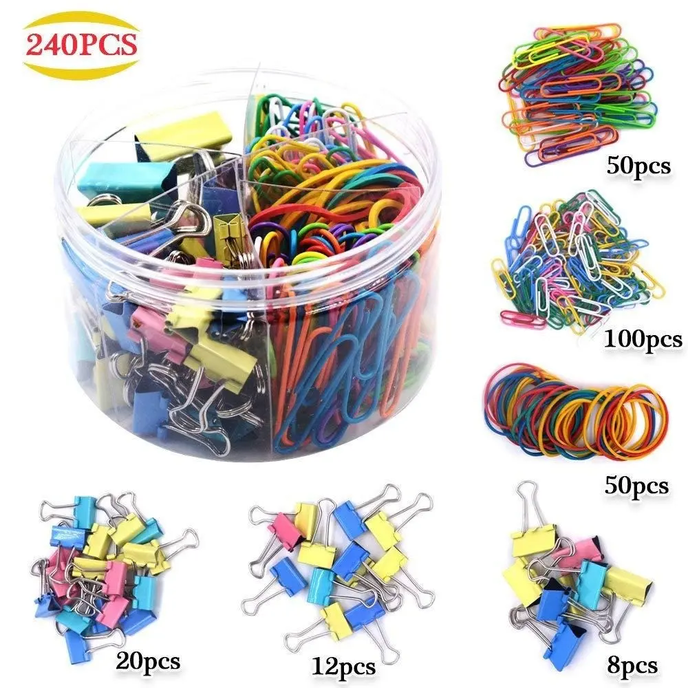 240 Pcs Paper Clips & Binder Clips, Assorted Sizes & Colors, Metal, Medium, Large, Small, Office Supplies, School Essentials, Paperclips