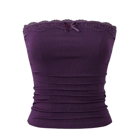 Women's Ribbed Lace Trim Tube Top Fitted Solid Casual Elegant Sleeveless, Casual Chic Strapless Top for Daily Wear, Ladies Clothes for All Seasons