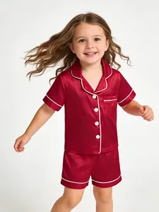 Kaka Here Unisex Toddler Kids' Collared 2-Piece Satin Pajama Set, 1-8 Years, Short-Sleeve Button-Up Top, Short Pants, Soft Polyester Plain Fabric, Collared Pajama Set