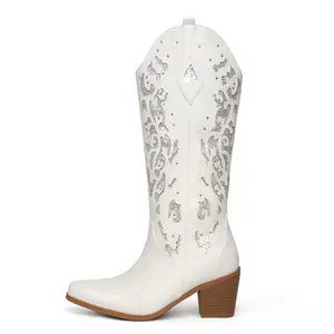 Women's Glitter Rhinestone Cowboy Boots for Women Shining brightly  Vintage Embroidered Cowgirl Boots Pointed Toe Chunky Heel Sparkly Knee High Boots for Wedding White Western Boots