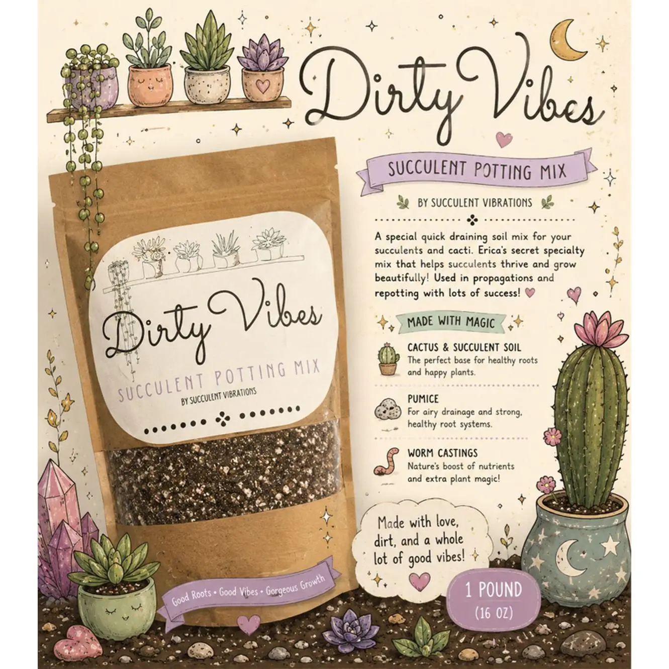 Dirty Vibes Succulent Mix 1 lb Fast-Draining Root-Happy Soil Blend with Pumice & Worm Castings for Cacti & Succulents