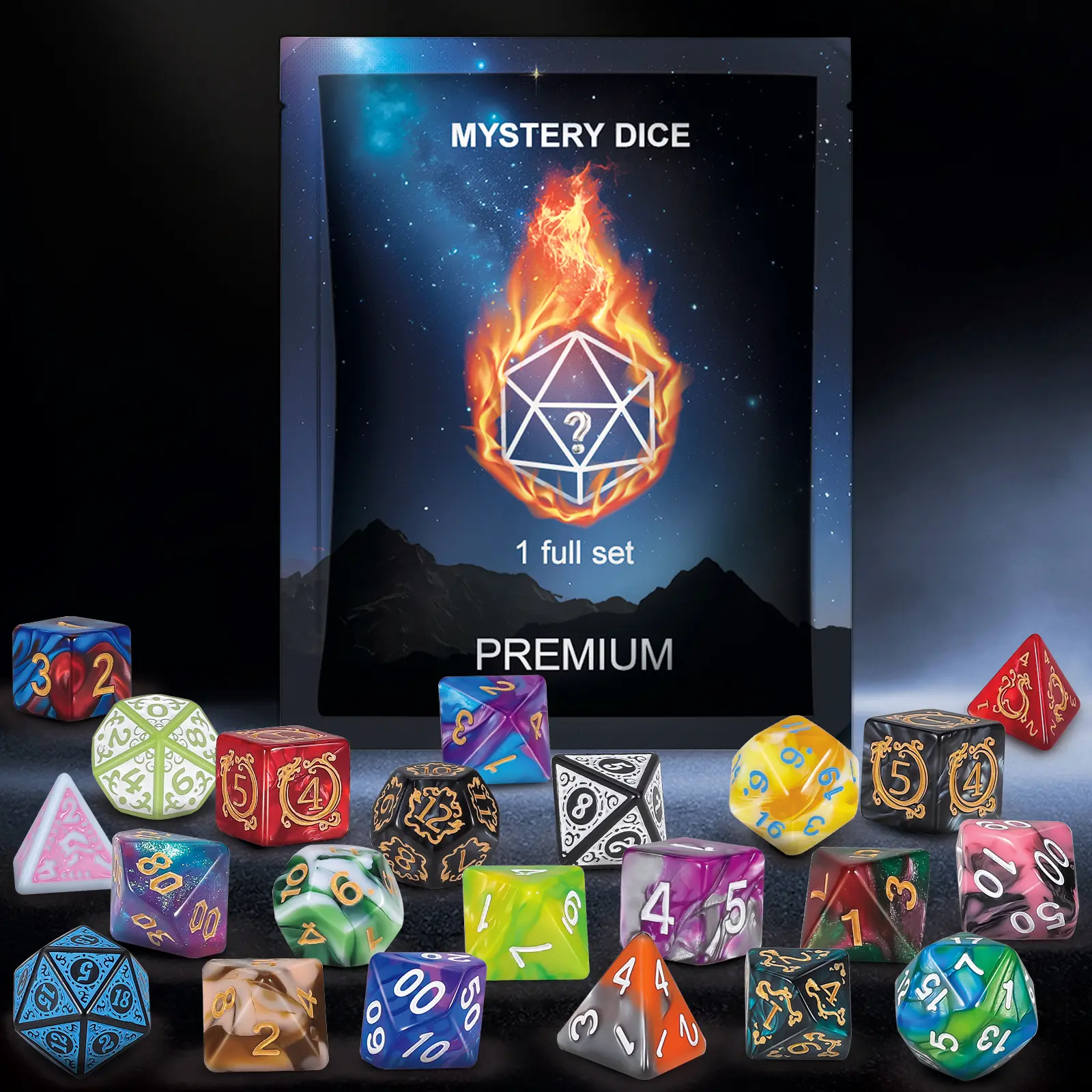 Mystery Dice Set Bag Various Styles Polyhedral Dice Random D&D Patterns & Bags Perfect Gift for Dungeons and Dragons RPG MTG Role Playing Table Gamers, Unisex, 9.2 X 5.4 X 2.4 Inches, 6 Bags (42 Pcs Dnd Dices+ 6 Pcs Bags), Colorful Or Creative Print