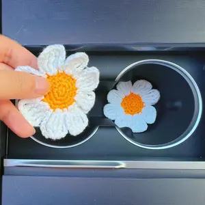Knitting Cute Flower Design Car Coaster, Crochet Car Cup Holder Decorative Mat, Car Interior Decoration Accessories, Car Trinkets, Car Interior Accessory for Women & Girls
