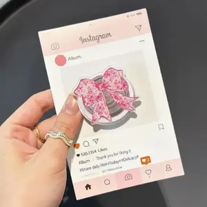 Pink Floral Toile Bow Phone Grip, Cute Bow Magnetic Phone Holder, Adorable GripTok mount accessories Foldable Wireless pop socket