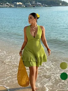 Plus Size Women's Summer Beach Vacation Short Skirt, Avocado Plaid Deep V Neck Dress, Double Layer Ruffle Slimming Dress, Casual Wear, Chic, Elegance