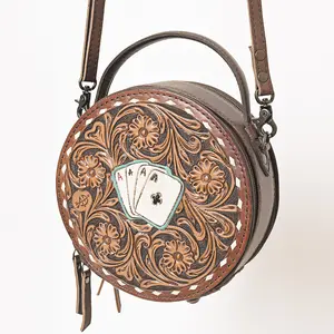 American Darling Western Round Canteen Bag Handcrafted from Tooled Genuine Leather | Playing Card Theme, Buckstitch & YKK Zipper