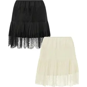 1pcs Women'S Vintage Skirts Lace Slip Skirt Pleated Ruffle Floral Lace Tiered Short Mini Underskirt Womenswear Bottom Black And Beige Fitted Basic Cute