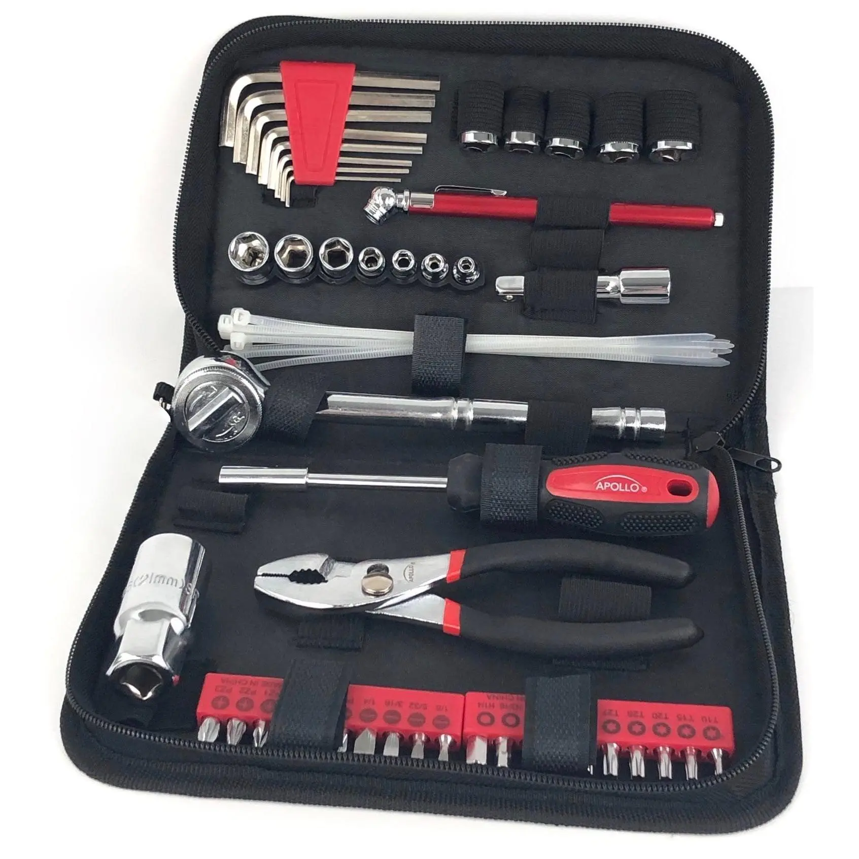Apollo Tools DT9774 56-Piece Automotive Tool Kit - Compact, Convenient, Corrosion-Resistant Set with Wrenches, Sockets for Emergency Use, Portable