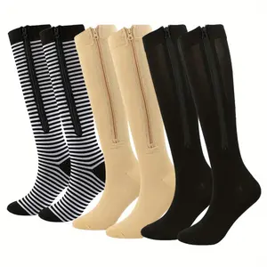 3 Pairs Compression Socks with Side Zipper - Knee High Support, Closed Toe for Sports, Running, Cycling, Women & Men