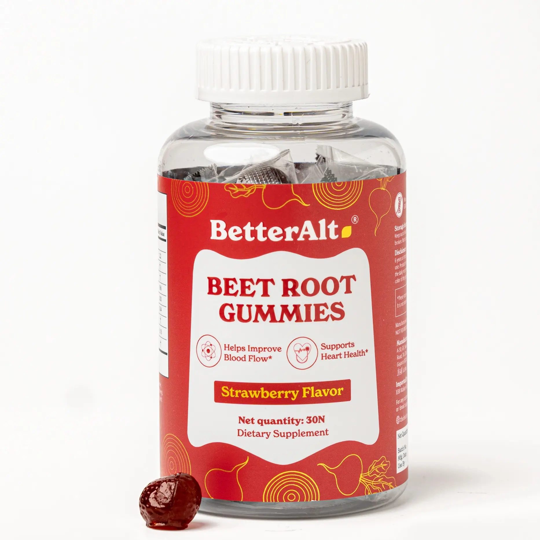 BetterAlt Pure Beet Root Powder Gummies | Helps Boost Energy, No Added Sugar | Lab-tested | Strawberry Flavor | 30 Gummies BetterAlt Pure Beet Root Powder Gummies | Helps Boost Energy, No Added Sugar | Lab-tested | Strawberry Flavor | 30 Gummies