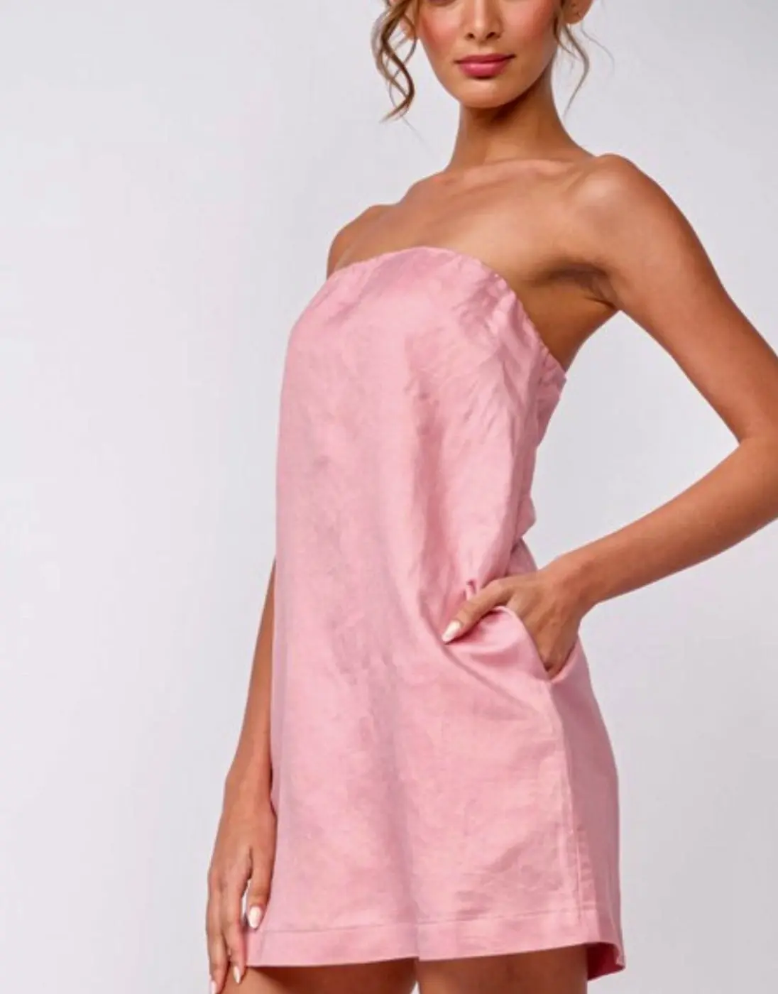 Pink strapless linen Aline mini dress