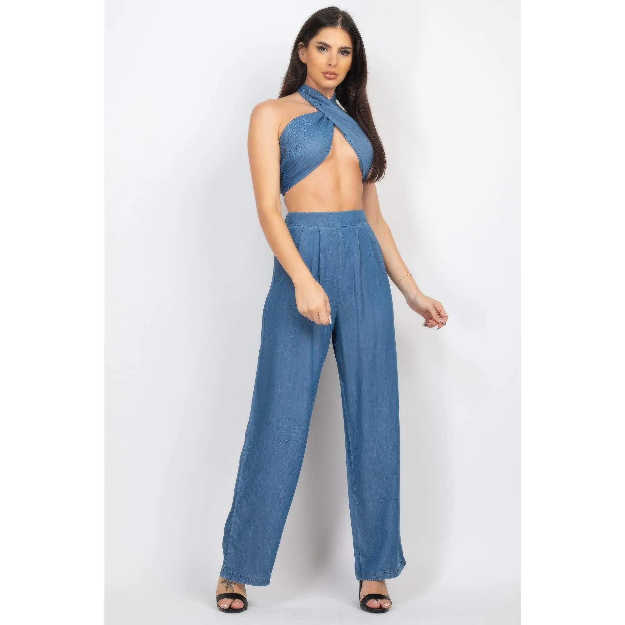 Stacey B's Tube Tied Top & Wide Pants Set Womenswear Denim Sleeveless Cropped