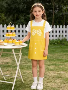 Summer New Girl's Dress Suspender Dress Fake Two-Piece Bow Print Short Sleeve T-Shirt 1-8 Years Old